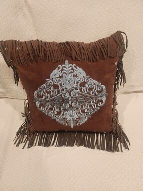 Suede Fringed Brown Square Stud Decor Pillow  Medallion Baroque Western 16x16